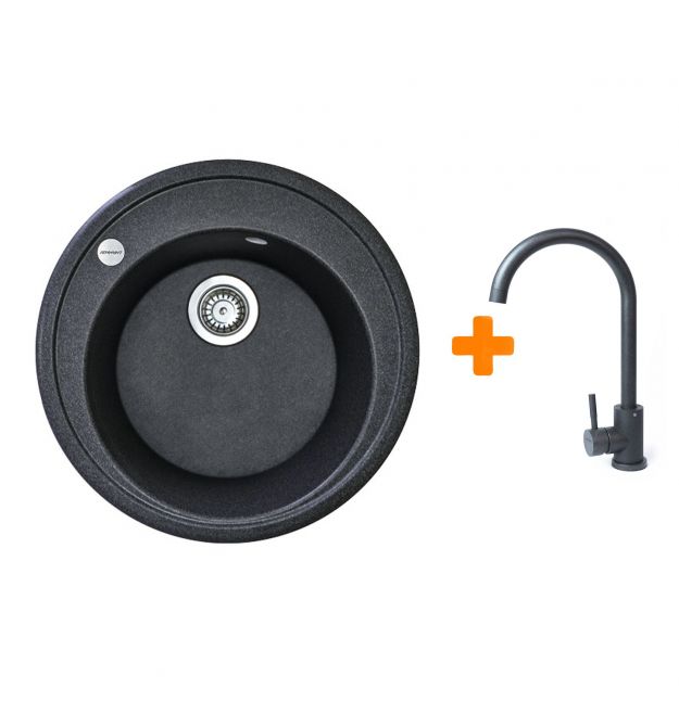 Adamant Набор кухонная Sun, искуственный камень, круглая, без крыла, 510x200мм, чаша - 1, врезная, графит + смеситель