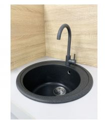 Adamant Набор кухонная Sun, искуственный камень, круглая, без крыла, 510x200мм, чаша - 1, врезная, графит + смеситель