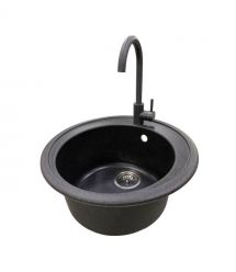 Adamant Набор кухонная Sun, искуственный камень, круглая, без крыла, 510x200мм, чаша - 1, врезная, графит + смеситель