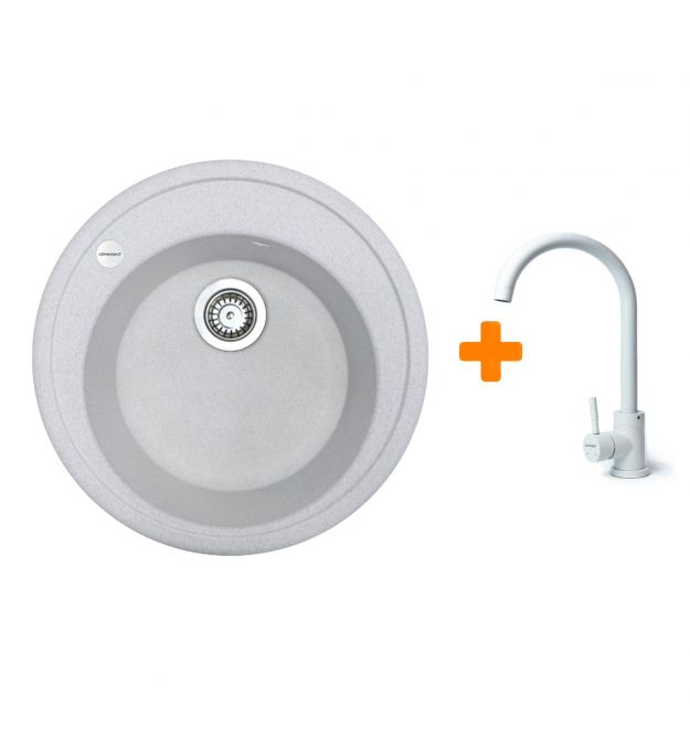 Adamant Набор кухоннаяSun, искуственный камень, круглая, без крыла, 510x200мм, чаша - 1, врезная, Old stone + смеситель