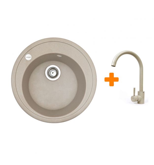 Adamant Набор кухонная Sun, искуственный камень, круглая, без крыла, 510x200мм, чаша - 1, врезная, Avena + смеситель