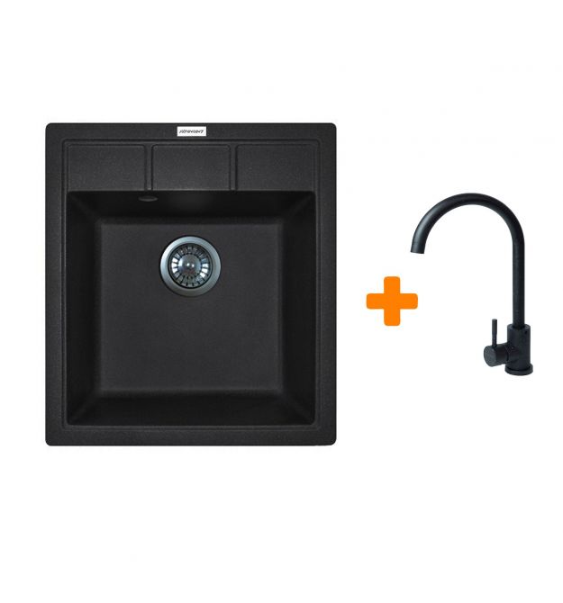 Adamant Набор кухонная Brick, искуственный камень, квадрат, без крыла, 460x515x200мм, чаша - 1, врезная, черный + смеситель