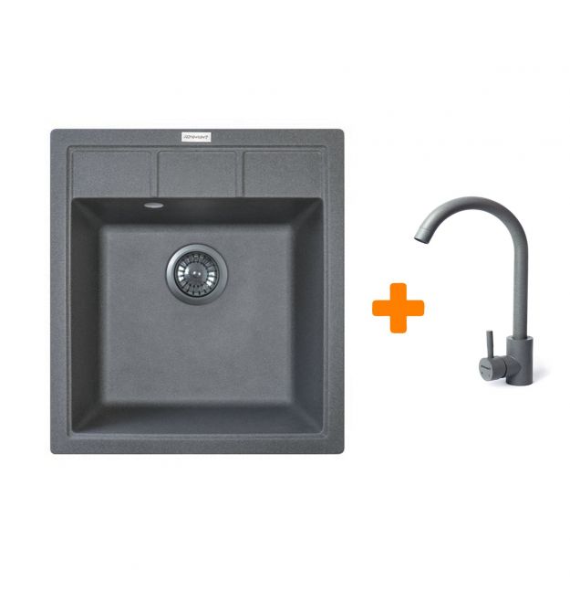 Adamant Набор кухонная Brick, искуственный камень, квадрат, без крыла, 460x515x200мм, чаша - 1, врезная, серый + смеситель