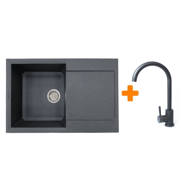 Adamant Набор кухонный Horizon, искуственный камень, прямоуг., с крылом, 780х495х230мм, чаша - 1, врезная, графит + смеситель