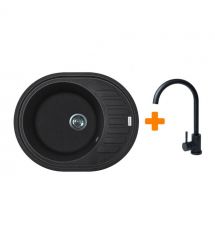 Adamant Мойка кухонная Ovum, искуственный камень, овальная, с крылом, 615х495х200мм, чаша - 1, врезная, черный + смеситель