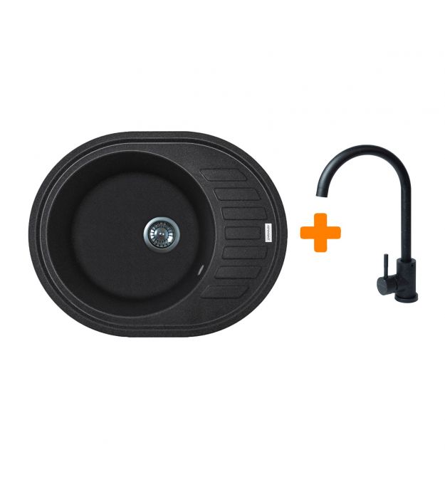 Adamant Мойка кухонная Ovum, искуственный камень, овальная, с крылом, 615х495х200мм, чаша - 1, врезная, черный + смеситель