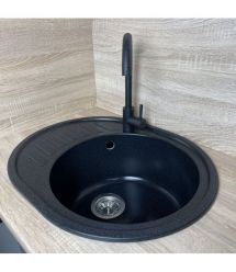 Adamant Мойка кухонная Ovum, искуственный камень, овальная, с крылом, 615х495х200мм, чаша - 1, врезная, черный + смеситель