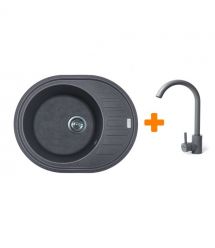 Adamant Мойка кухонная Ovum, искуственный камень, овальная, с крылом, 615х495х200мм, чаша - 1, врезная, серый + смеситель