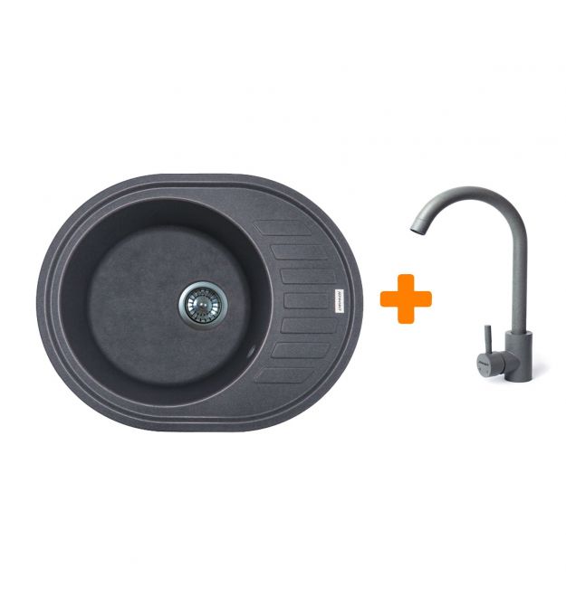 Adamant Мойка кухонная Ovum, искуственный камень, овальная, с крылом, 615х495х200мм, чаша - 1, врезная, серый + смеситель