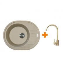 Adamant Мойка кухонная Ovum, искуственный камень, овальная, с крылом, 615х495х200мм, чаша - 1, врезная, Сахара + смеситель