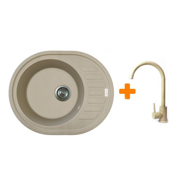 Adamant Мойка кухонная Ovum, искуственный камень, овальная, с крылом, 615х495х200мм, чаша - 1, врезная, Сахара + смеситель