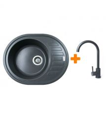 Adamant Мойка кухонная Ovum, искуственный камень, овальная, с крылом, 615х495х200мм, чаша - 1, врезная, графит + смеситель