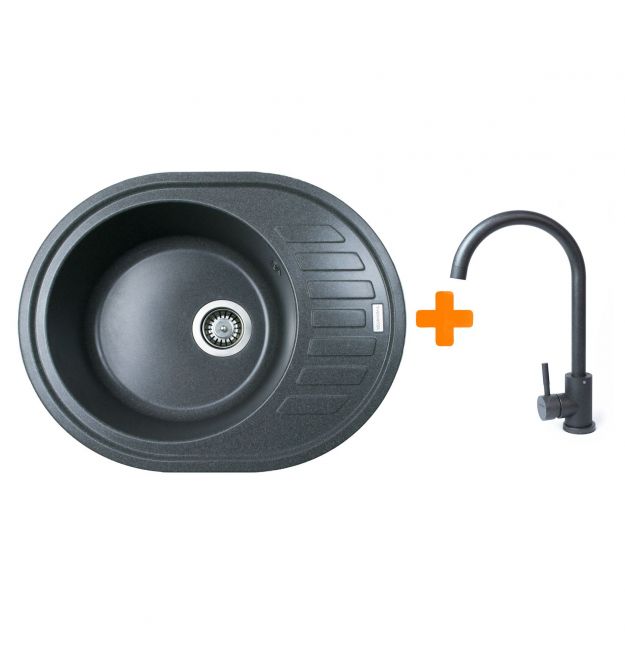 Adamant Мойка кухонная Ovum, искуственный камень, овальная, с крылом, 615х495х200мм, чаша - 1, врезная, графит + смеситель