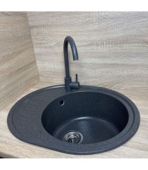 Adamant Мойка кухонная Ovum, искуственный камень, овальная, с крылом, 615х495х200мм, чаша - 1, врезная, графит + смеситель