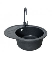 Adamant Мойка кухонная Ovum, искуственный камень, овальная, с крылом, 615х495х200мм, чаша - 1, врезная, графит + смеситель