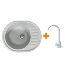 Adamant Мойка кухонная Ovum, искуственный камень, овальная, с крылом, 615х495х200мм, чаша - 1, врезная, Old stone + смеситель