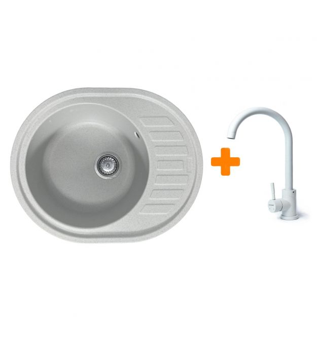 Adamant Мойка кухонная Ovum, искуственный камень, овальная, с крылом, 615х495х200мм, чаша - 1, врезная, Old stone + смеситель