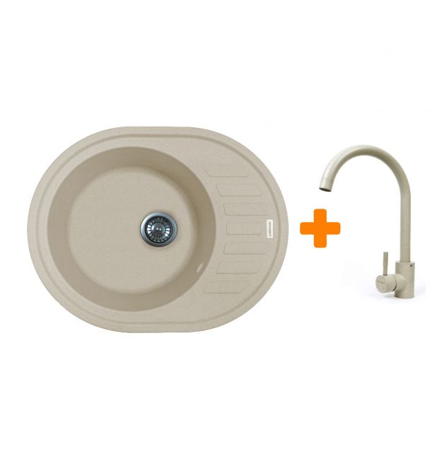 Adamant Мойка кухонная Ovum, искуственный камень, овальная, с крылом, 615х495х200мм, чаша - 1, врезная, Avena + смеситель