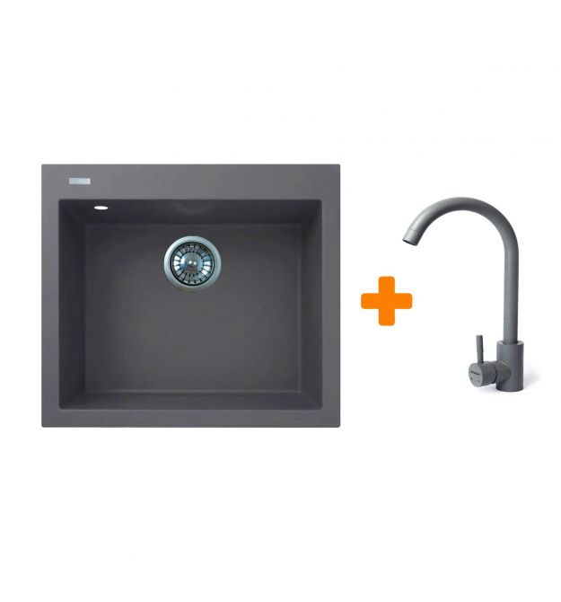 Adamant Набор кухонный Univer, искуственный камень, квадрат, без крыла, 560х500х200мм, чаша - 1, врезная, серый + смеситель