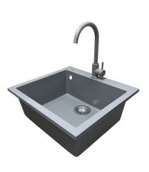 Adamant Набор кухонный Univer, искуственный камень, квадрат, без крыла, 560х500х200мм, чаша - 1, врезная, серый + смеситель