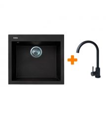 Adamant Набор кухонный Univer, искуственный камень, квадрат, без крыла, 560х500х200мм, чаша - 1, врезная, черный + смеситель
