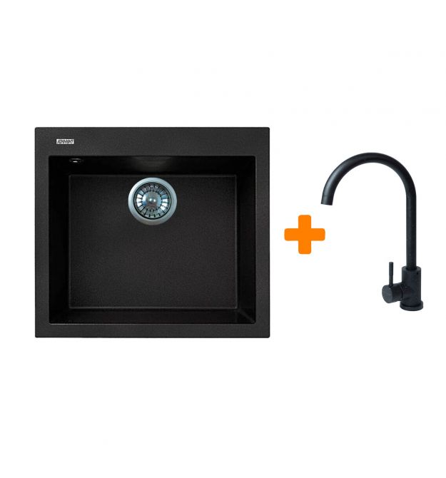 Adamant Набор кухонный Univer, искуственный камень, квадрат, без крыла, 560х500х200мм, чаша - 1, врезная, черный + смеситель