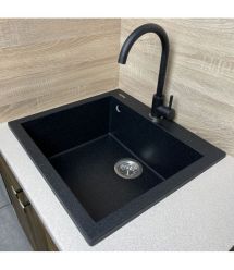 Adamant Набор кухонный Univer, искуственный камень, квадрат, без крыла, 560х500х200мм, чаша - 1, врезная, черный + смеситель