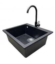 Adamant Набор кухонный Univer, искуственный камень, квадрат, без крыла, 560х500х200мм, чаша - 1, врезная, черный + смеситель