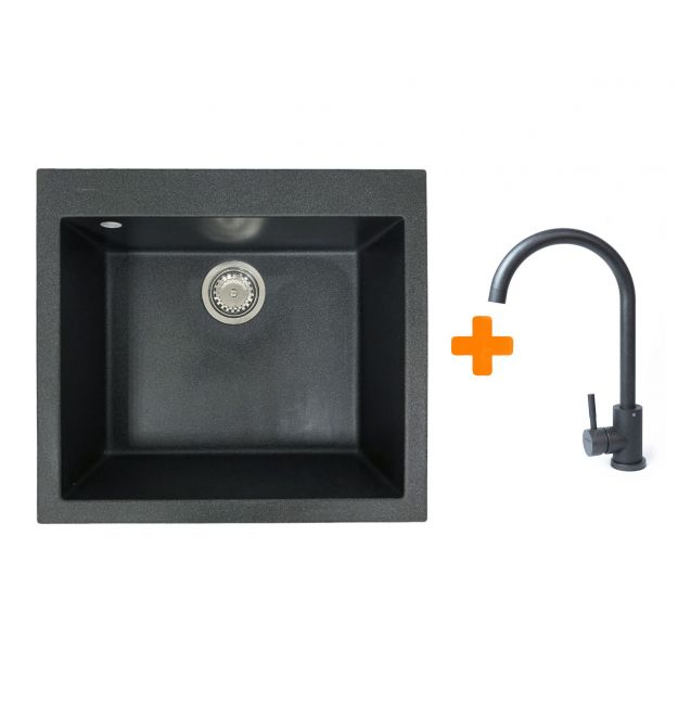 Adamant Набор кухонный Univer, искуственный камень, квадрат, без крыла, 560х500х200мм, чаша - 1, врезная, графит + смеситель