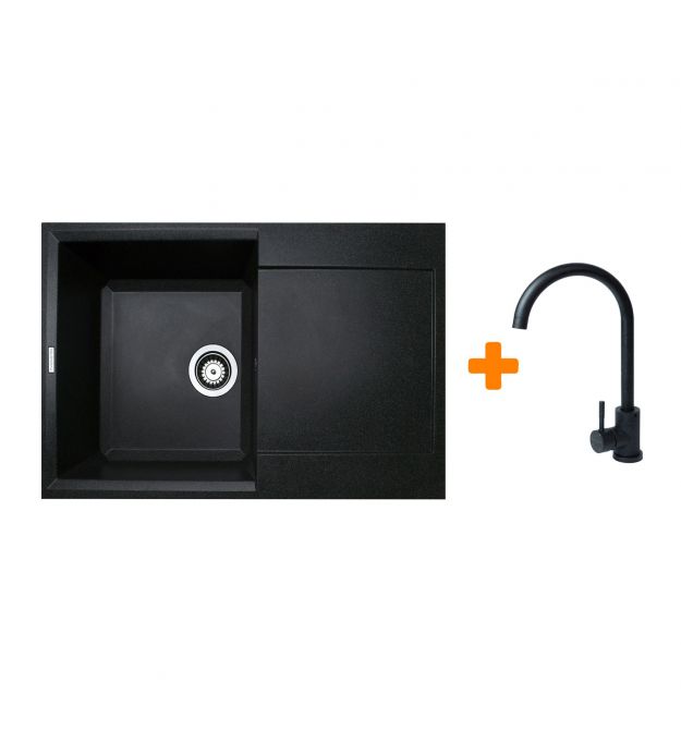 Adamant Набор кухонный Horizon, искуственный камень, прямоуг., с крылом, 780х495х230мм, чаша - 1, врезная, черный + смеситель