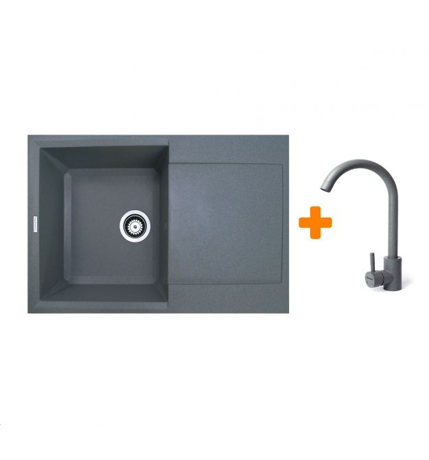 Adamant Набор кухонный Horizon, искуственный камень, прямоуг., с крылом, 780х495х230мм, чаша - 1, врезная, серый + смеситель