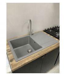 Adamant Набор кухонный Horizon, искуственный камень, прямоуг., с крылом, 780х495х230мм, чаша - 1, врезная, серый + смеситель