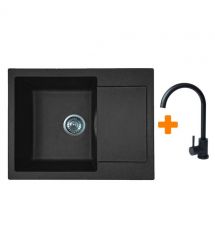 Adamant Набор кухонный Minimal, искуственный камень, прямоуг., с крылом, 615х495х200мм, чаша - 1, врезная, черный + смеситель