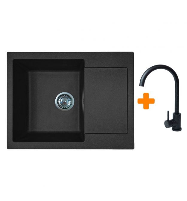 Adamant Набор кухонный Minimal, искуственный камень, прямоуг., с крылом, 615х495х200мм, чаша - 1, врезная, черный + смеситель