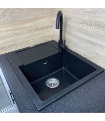 Adamant Набор кухонный Minimal, искуственный камень, прямоуг., с крылом, 615х495х200мм, чаша - 1, врезная, черный + смеситель