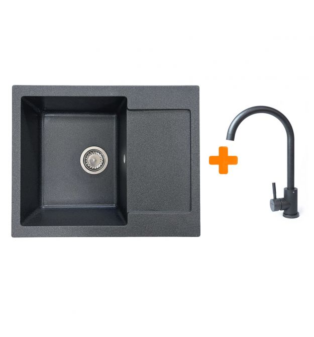 Adamant Набор кухонный Minimal, искуственный камень, прямоуг., с крылом, 615х495х200мм, чаша - 1, врезная, графит + смеситель