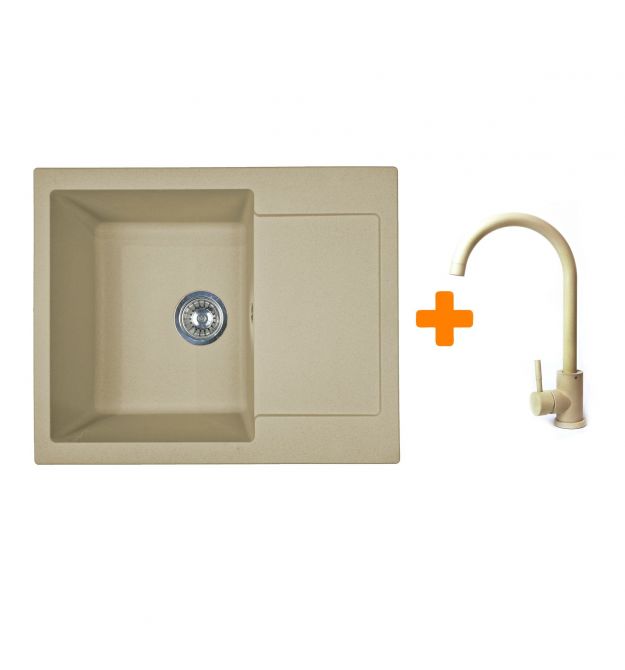 Adamant Набор кухонный Minimal, искуственный камень, прямоуг., с крылом, 615х495х200мм, чаша - 1, врезная, Сахара + смеситель