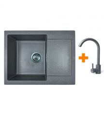 Adamant Набор кухонный Minimal, искуственный камень, прямоуг., с крылом, 615х495х200мм, чаша - 1, врезная, серый + смеситель