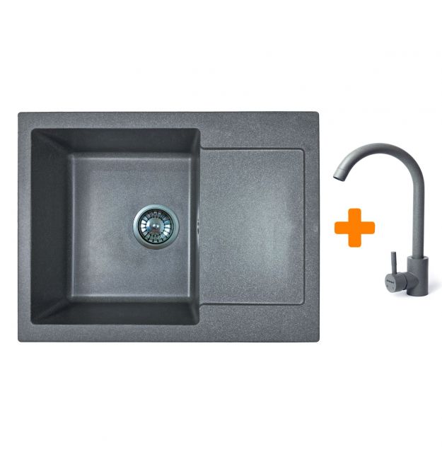 Adamant Набор кухонный Minimal, искуственный камень, прямоуг., с крылом, 615х495х200мм, чаша - 1, врезная, серый + смеситель
