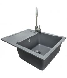 Adamant Набор кухонный Minimal, искуственный камень, прямоуг., с крылом, 615х495х200мм, чаша - 1, врезная, серый + смеситель