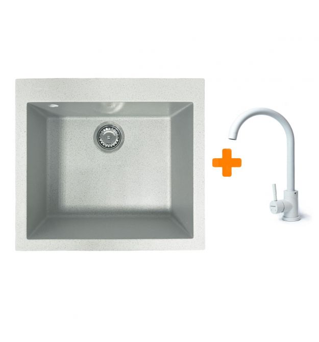 Adamant Набор кухонный Univer, искуственный камень, квадрат, без крыла, 560х500х200мм, чаша - 1, врезная, Old stone + смеситель