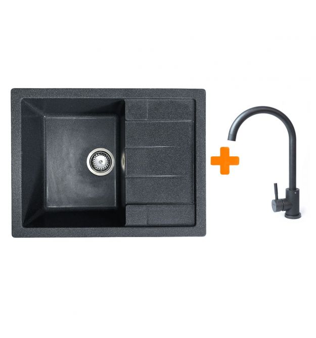 Adamant Набор кухонный Anila, искуственный камень, прямоуг., с крылом, 645х495х200мм, чаша - 1, врезная, графит + смеситель