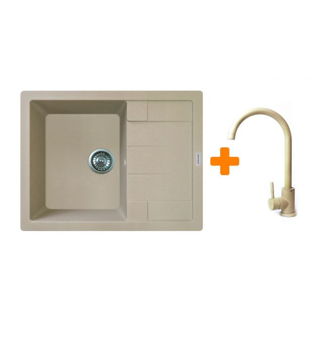 Adamant Набор кухонный Anila, искуственный камень, прямоуг., с крылом, 645х495х200мм, чаша - 1, врезная, Сахара + смеситель