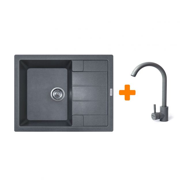 Adamant Набор кухонный Anila, искуственный камень, прямоуг., с крылом, 645х495х200мм, чаша - 1, врезная, серый + смеситель