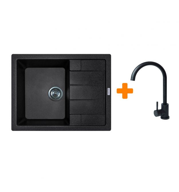 Adamant Набор кухонный Anila, искуственный камень, прямоуг., с крылом, 645х495х200мм, чаша - 1, врезная, черный + смеситель