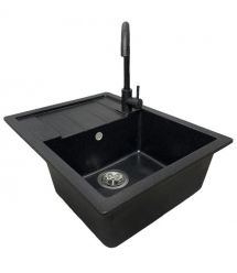 Adamant Набор кухонный Anila, искуственный камень, прямоуг., с крылом, 645х495х200мм, чаша - 1, врезная, черный + смеситель