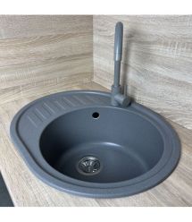 Adamant Мойка кухонная Ovum, искуственный камень, овальная, с крылом, 615х495х200мм, чаша - 1, врезная, серый