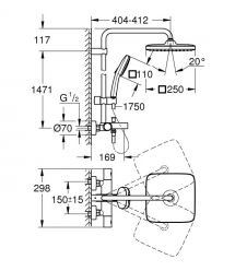 Grohe Grohe QuickFix Vitalio Comfort 250 shower system with thermostatic bath mixer, spout length - 169mm, overhead shower, show