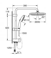 Grohe Grohe QuickFix Vitalio Start System 250 Flex shower system with shower diverter, overhead shower, shower head, mounting -