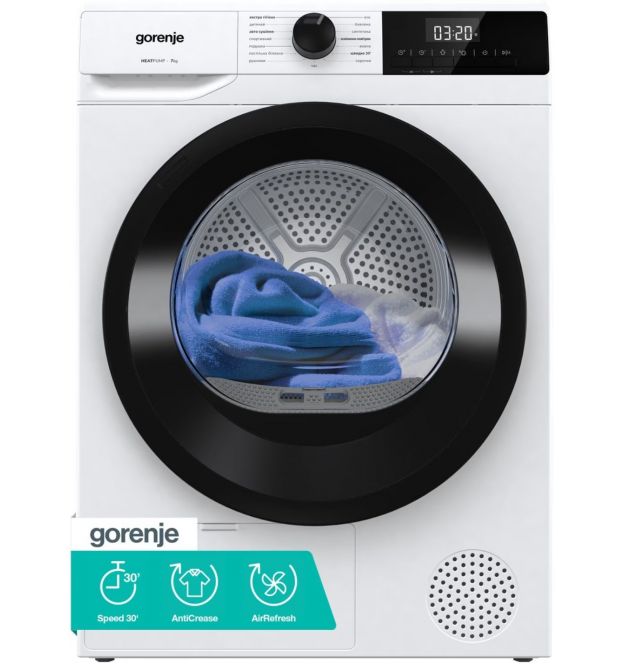 Gorenje Сушильна машина Gorenje тепловий насос, 7кг, A+, 51см, дисплей, 15 програм, білий